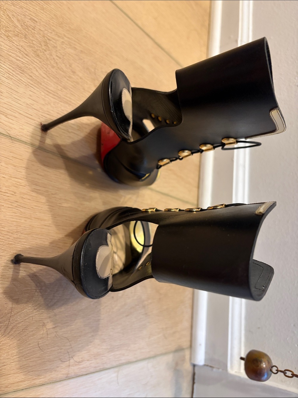 Christian Louboutin Black and Gold Open-Toe Lace-Up Booties - Picture 6 of 6